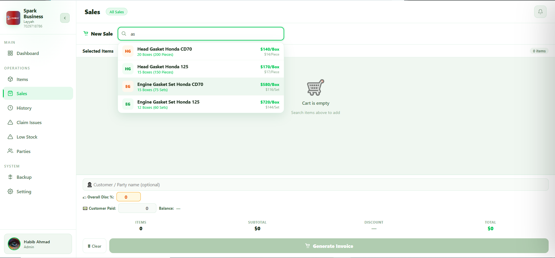 NexusHub POS Sales - Sale items and billing screen